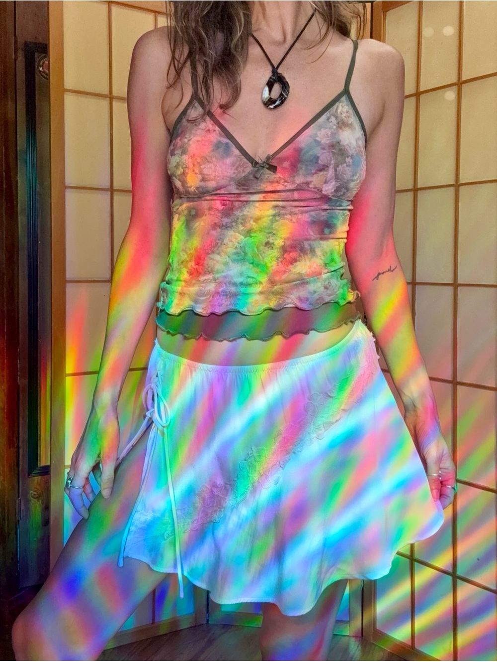 Y2K Floral Mesh Cami Top Fairycore Whimsigoth Lace Trim No Boundaries XS